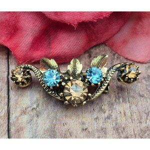 Dainty Vintage Beauty Small Bar Pin Brooch Gold Tone Leaves & Pink Blue Crystals